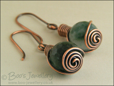Faceted jade and antiqued copper rosebud knot wrap earrings