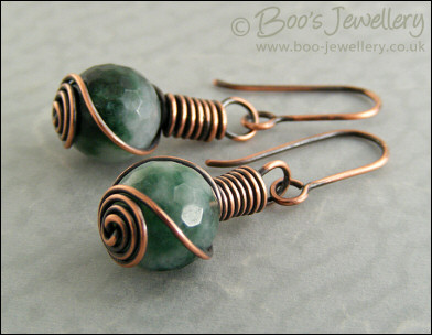 Faceted jade and antiqued copper rosebud knot wrap earrings