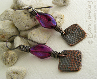 Oxed copper, purple glass and copper charm earrings