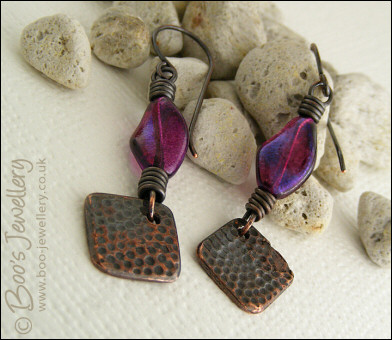 Oxed copper, purple glass and copper charm earrings