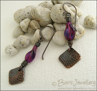 Oxed copper, purple glass and copper charm earrings