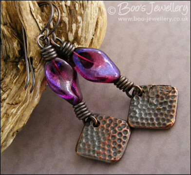 Oxed copper, purple glass and copper charm earrings