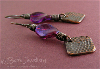 Oxed copper, purple glass and copper charm earrings