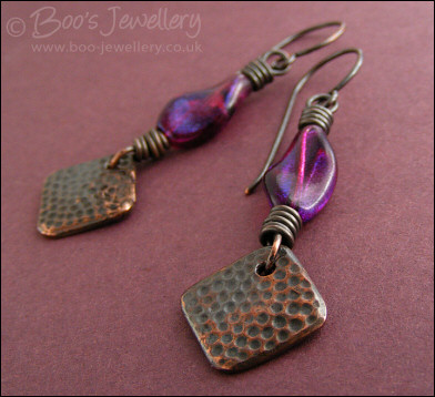 Oxed copper, purple glass and copper charm earrings