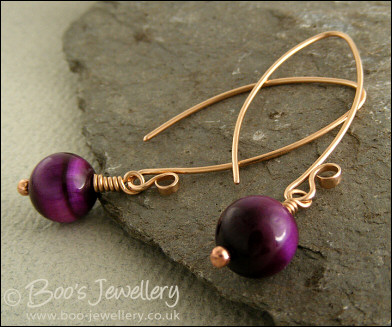 Bronze and purple Tiger Eye curved earwire earrings