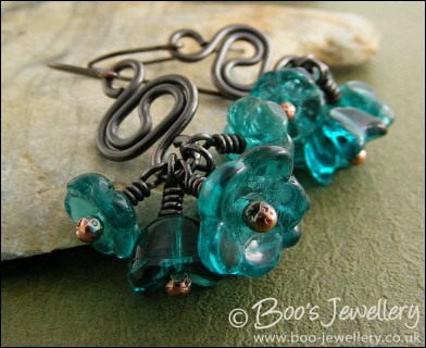 Oxidised copper squiggle and turquoise flower earrings - made to order