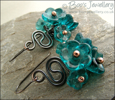 Oxidised copper squiggle and turquoise flower earrings - made to order