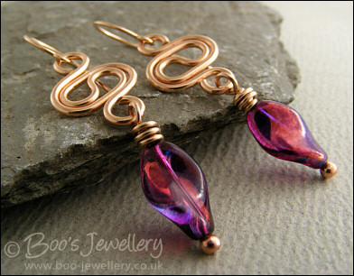 Bronze squiggle link earrings with purple twisted glass - made to order