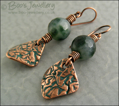 Copper and green jade necklace and earring set with crackled charms