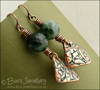 Copper and green jade necklace and earring set with crackled charms