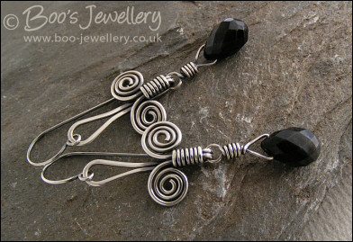 Sterling silver Egyptian coil and Rainbow Obsidian earrings