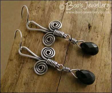 Sterling silver Egyptian coil and Rainbow Obsidian earrings