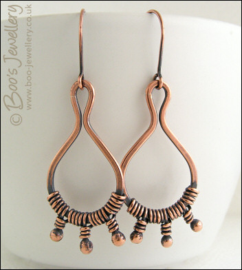 Antiqued copper bud wrapped teardrop loop earrings
