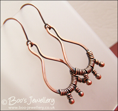 Antiqued copper bud wrapped teardrop loop earrings