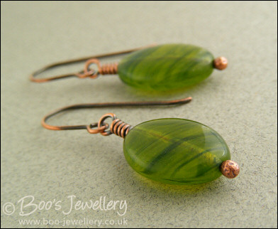 Green glass and copper necklace and earring set