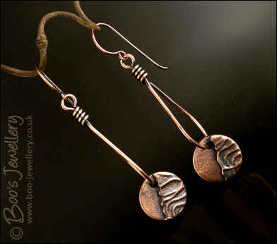 Teardrop loop earrings with textured copper charms