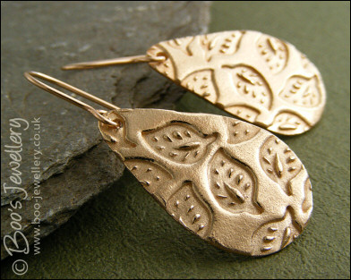 Bronze teardrop earrings with hand drawn leaf imprint