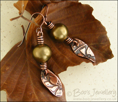 Antiqued copper and seashell pearl earrings