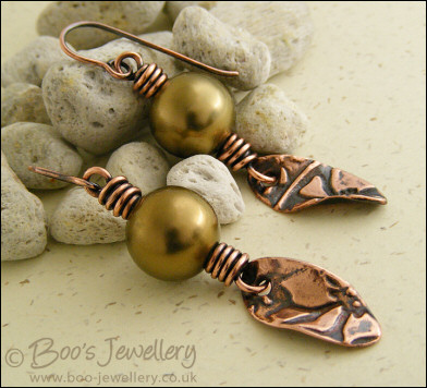 Antiqued copper and seashell pearl earrings
