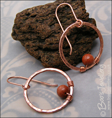 Copper hammered ring and goldstone earrings