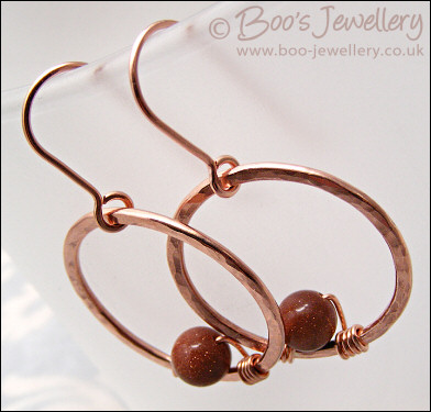 Copper hammered ring and goldstone earrings