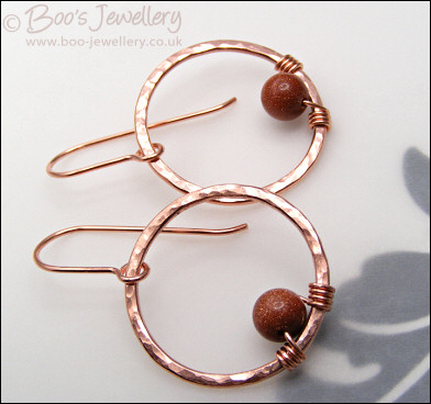 Copper hammered ring and goldstone earrings