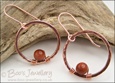Copper hammered ring and goldstone earrings
