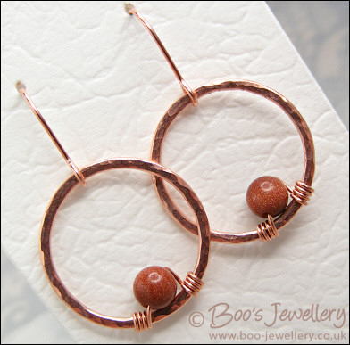 Copper hammered ring and goldstone earrings