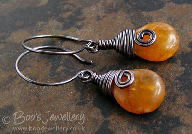 Honey opal copper wrapped teardrop earrings