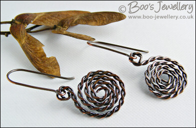 Twisted and hammered antiqued copper spiral earrings