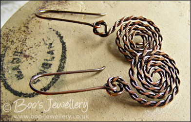 Twisted and hammered antiqued copper spiral earrings