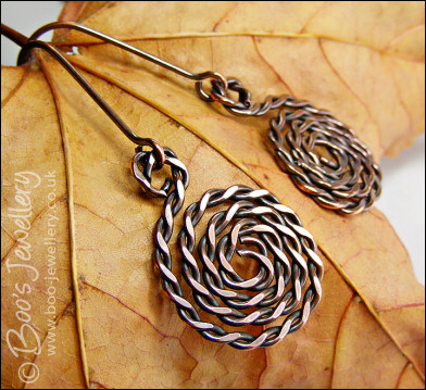 Twisted and hammered antiqued copper spiral earrings