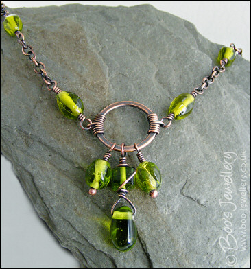Antiqued copper and green glass bead necklace set