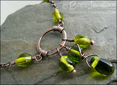 Antiqued copper and green glass bead necklace set