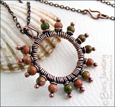 Antiqued copper and unakite pendant on chain - oops price!