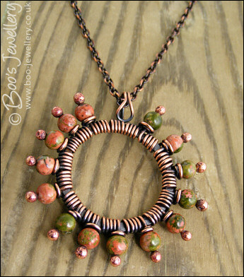 Antiqued copper and unakite pendant on chain - oops price!