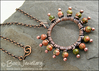 Antiqued copper and unakite pendant on chain - oops price!