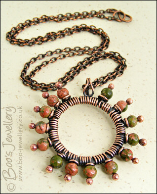 Antiqued copper and unakite pendant on chain - oops price!