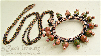 Antiqued copper and unakite pendant on chain - oops price!