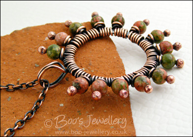 Antiqued copper and unakite pendant on chain - oops price!