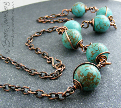 Antiqued copper spiral wrapped chalk turquoise necklace