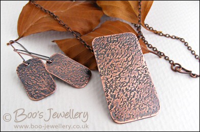 Antiqued copper pendant and earring set - hand textured