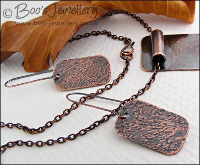 Antiqued copper pendant and earring set - hand textured