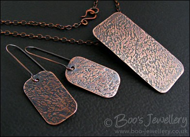 Antiqued copper pendant and earring set - hand textured