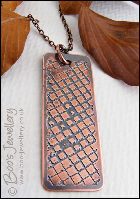 Unique hand etched antiqued copper pendant