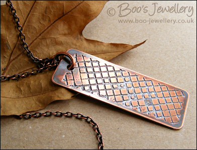 Unique hand etched antiqued copper pendant