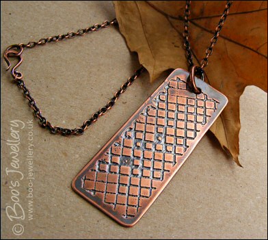 Unique hand etched antiqued copper pendant