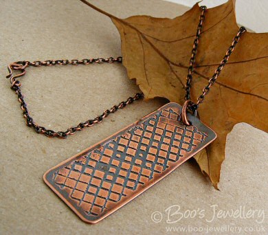 Unique hand etched antiqued copper pendant