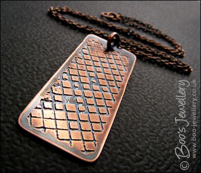 Unique hand etched antiqued copper pendant