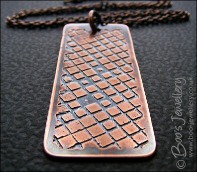 Unique hand etched antiqued copper pendant